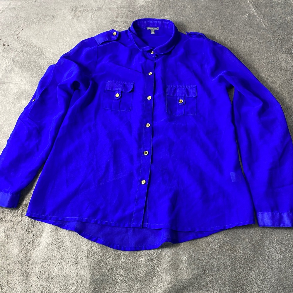 Charlotte Russe Blouse Womens S Blue Button Up Epaulette Roll Tab Utility Top